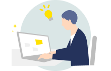 パソコンに向かって閃いている人のイラスト