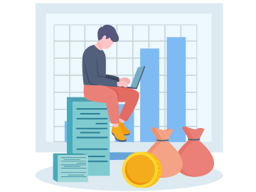 パソコンに向き合っている人とお金、グラフ、書類のイラスト