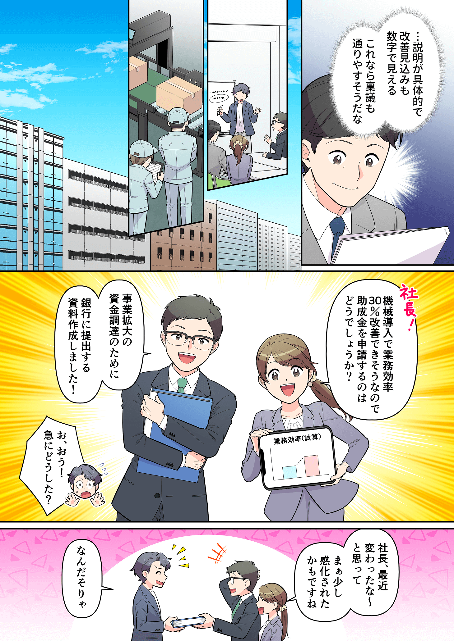 社員が改善計画を資料にまとめ、助成金申請を提案する場面の漫画