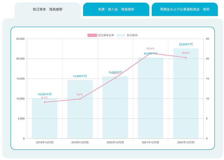 自己資本と残高推移のグラフ。2018年から2022年にかけて自己資本比率が上昇し、2021年に21.4%を記録