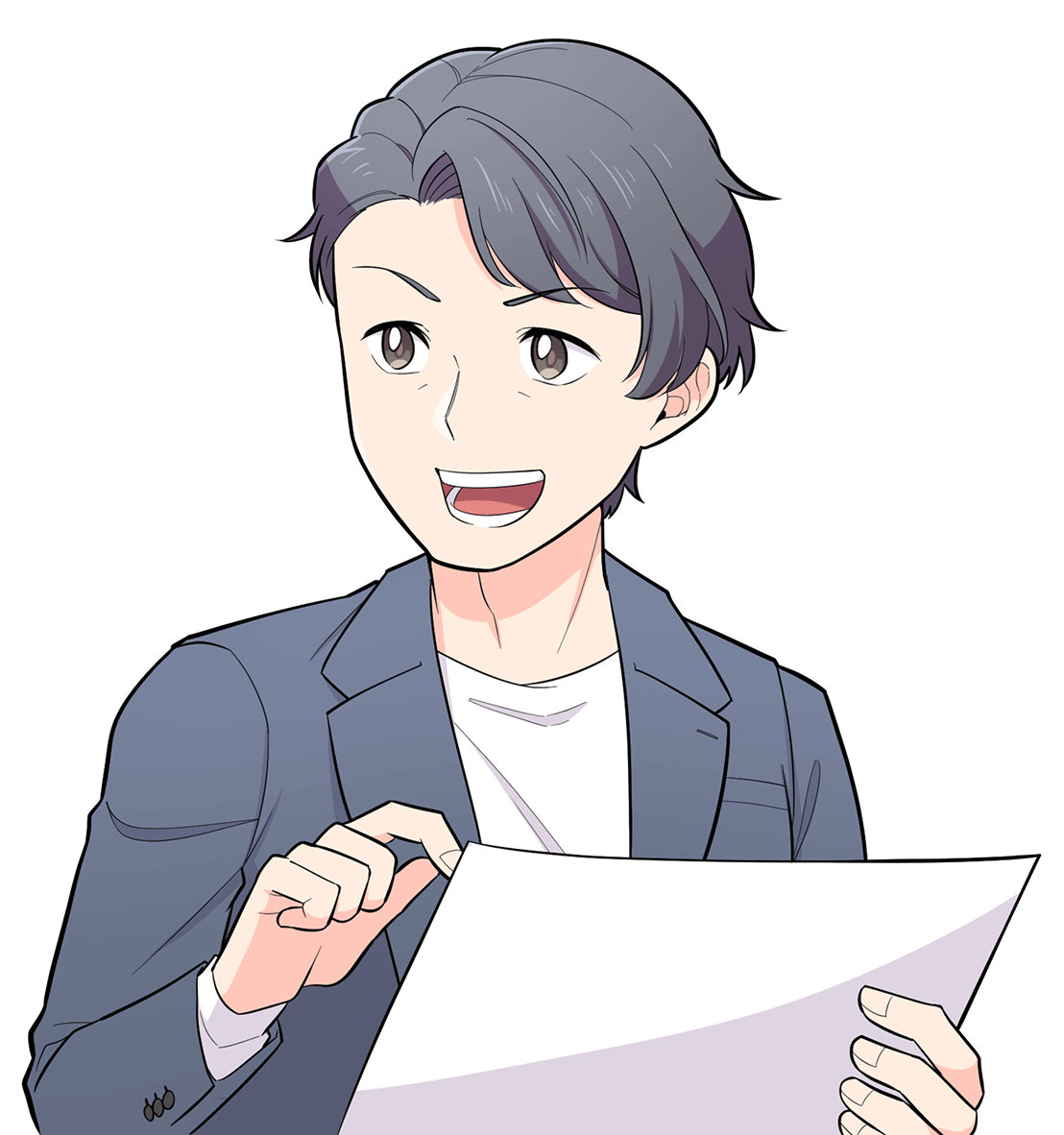 資料を手に笑顔で説明する男性キャラクターのイラスト