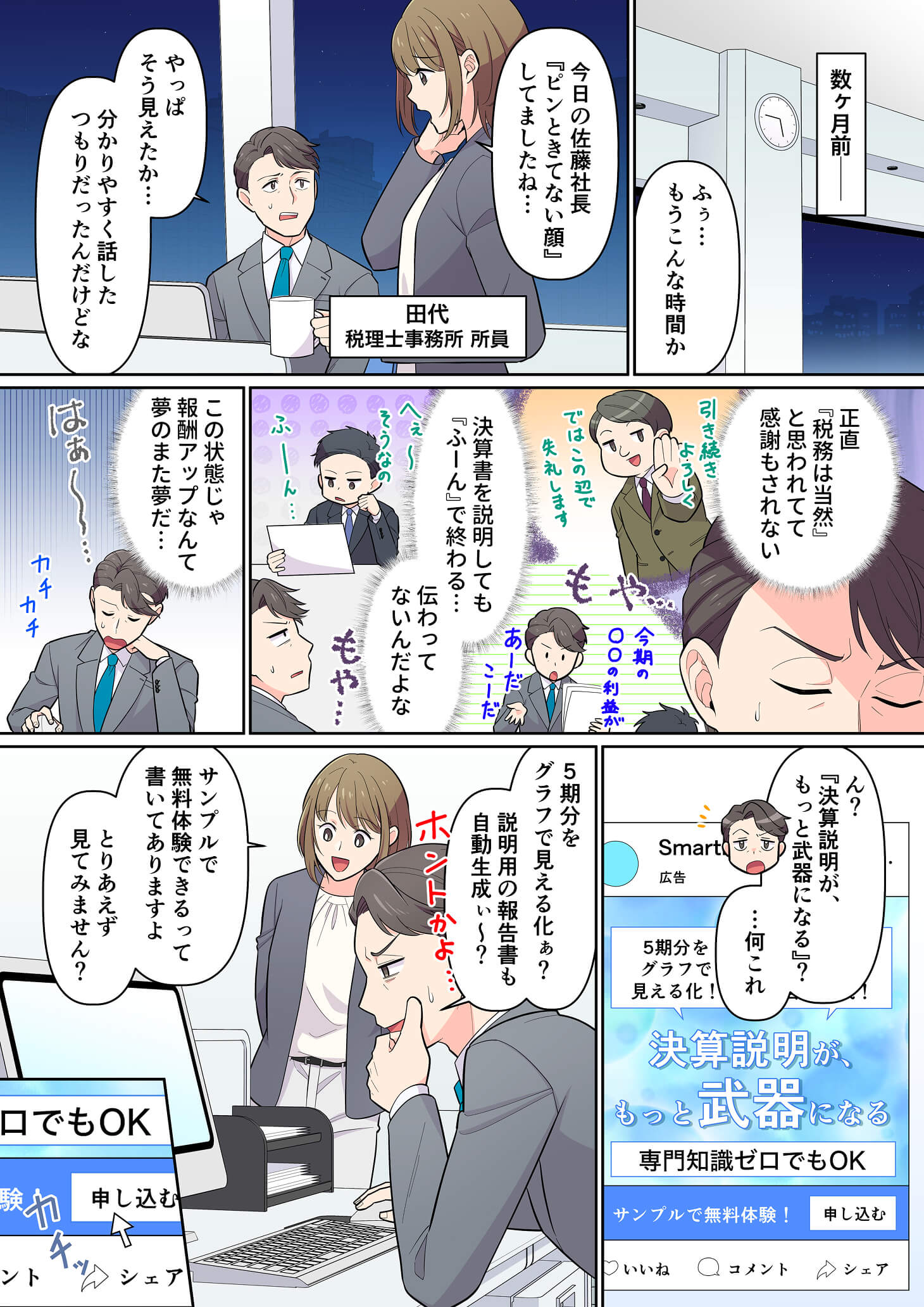 税理士が決算説明に苦労している様子と、SmartKAのサービスを知る場面の漫画