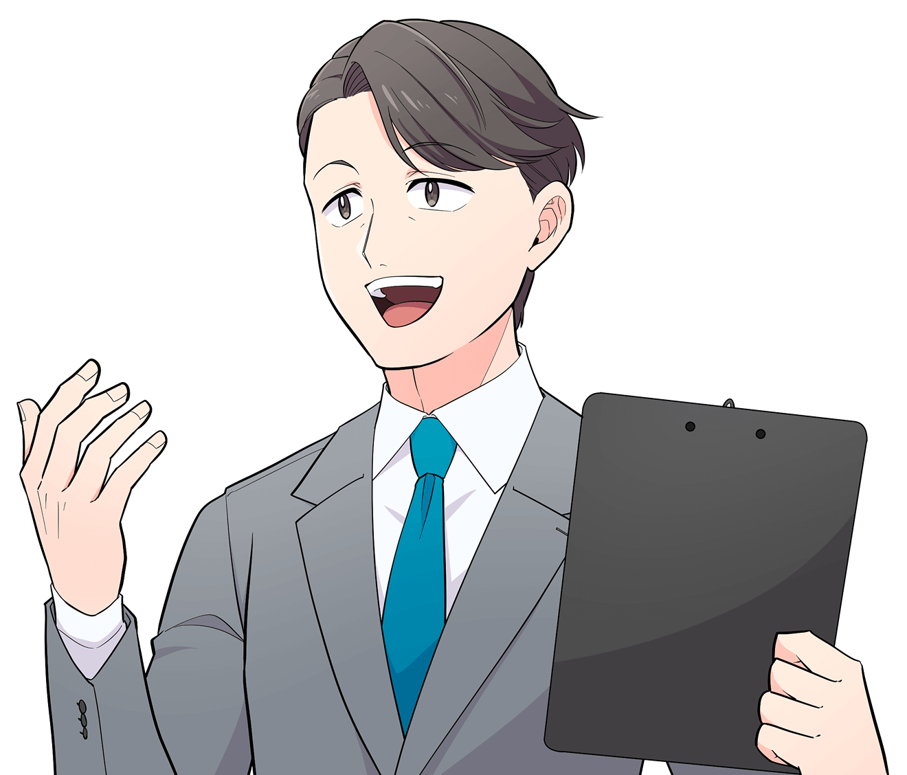 スーツ姿で説明する男性キャラクターのイラスト